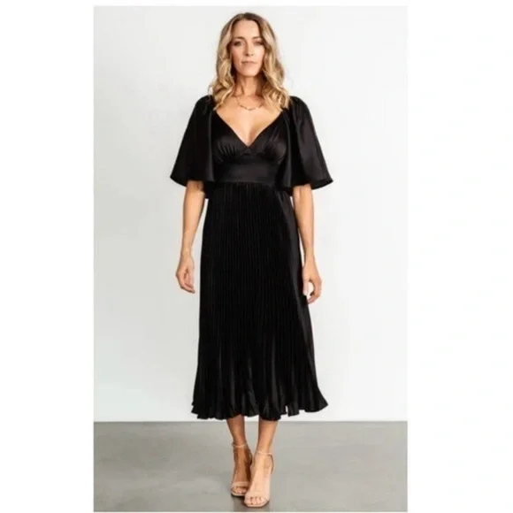 Baltic Born Aubree Accordion Pleated V-Neck A-Line Midi Dress Black Large NWT - Picture 2 of 16